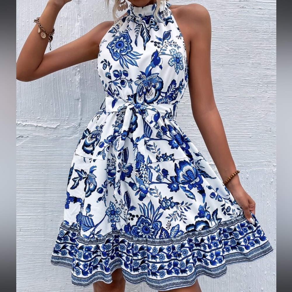Boho Floral Paisley Print Belted Ruffle Hem Halter Dress WHITE BLUE - Picture 4 of 6